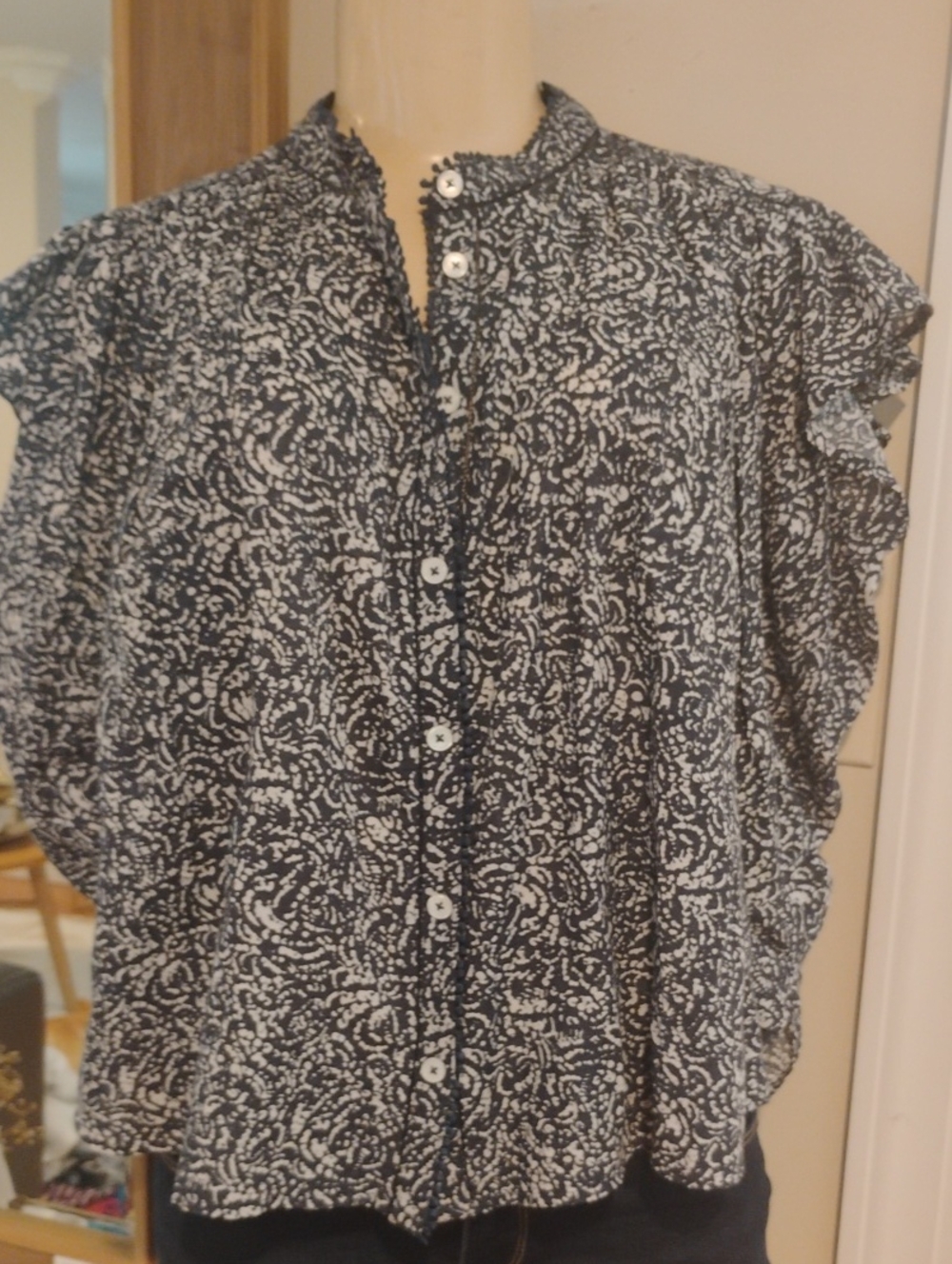 Madewell Navy and White Ruffle-Sleeve Blouse
